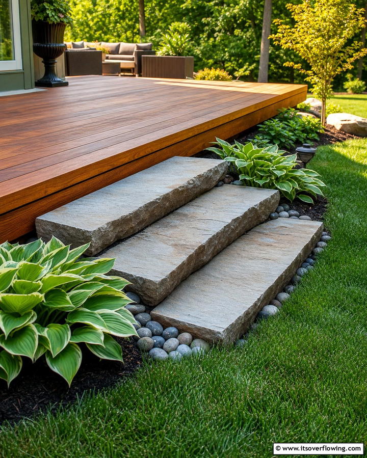 Seamless Transition to Wooden Decks - 25 Flagstone Steps Ideas for Your Outdoor Pathway