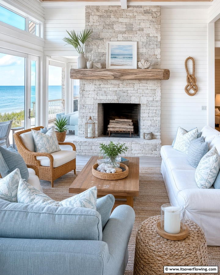 Seaside Coastal Vibe - 21 Rustic Stone Fireplace Designs for Cozy Living Rooms