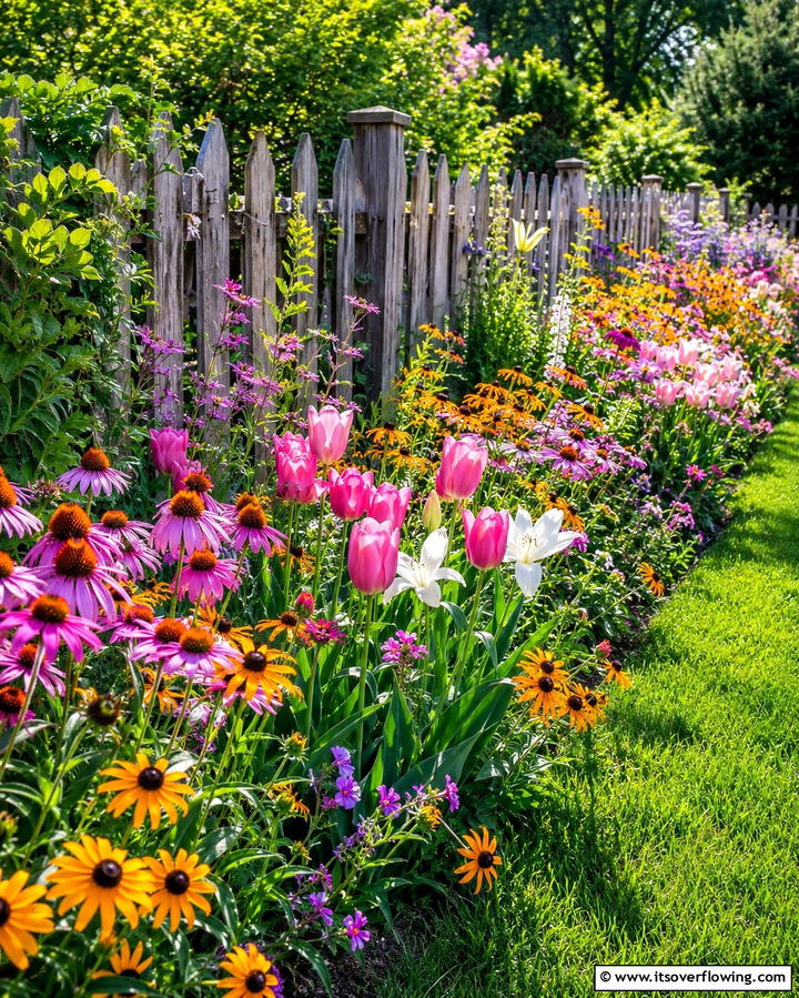 Seasonal Bloom Mix - 30 Simple Fence Line Landscaping Ideas for Curb Appeal