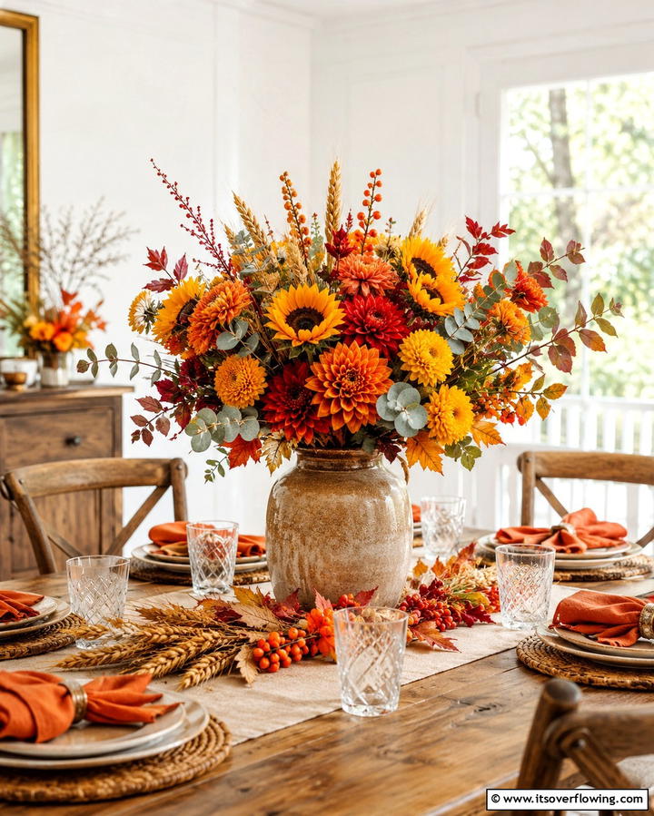 Seasonal Floral Arrangement - 25 Fall Table Decor Ideas for a Seasonal and Festive Dining Experience