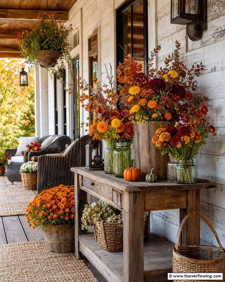 Seasonal Floral Arrangements - 21 Fall Porch Decor Ideas for a Warm Autumn Welcome
