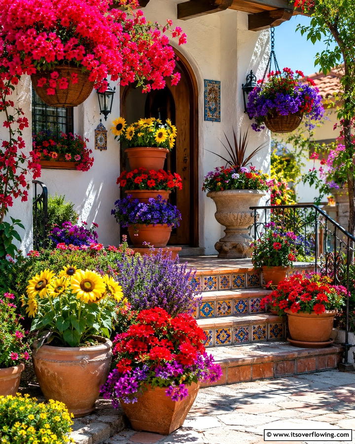 Seasonal Flower Displays - 30 Spanish Style Front Porch Ideas for Mediterranean Charm