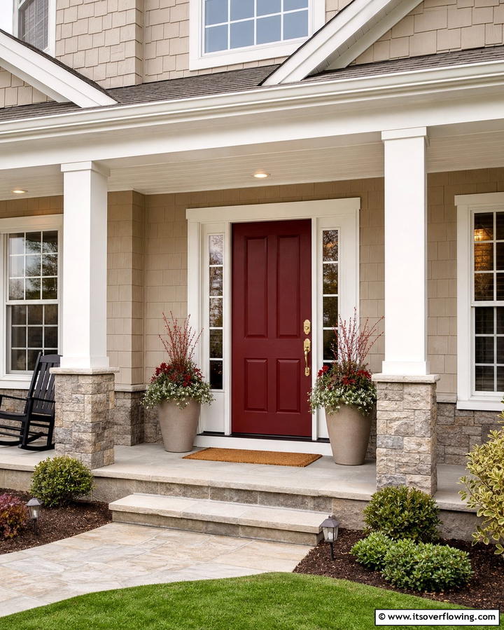 Seasonal Versatility with Dark Red and Neutral Tones - 25 Dark Red Front Door Ideas for a Bold Entrance