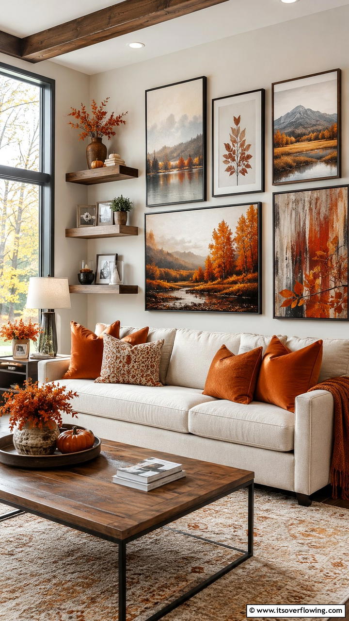 Seasonal Wall Art - 30 Cozy Fall Living Room Ideas to Embrace Autumn Vibes