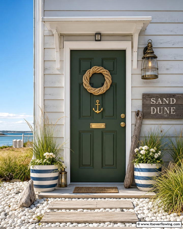 Seaweed Green Door with Nautical Decor - 20 Stunning Dark Green Front Door Ideas for Curb Appeal