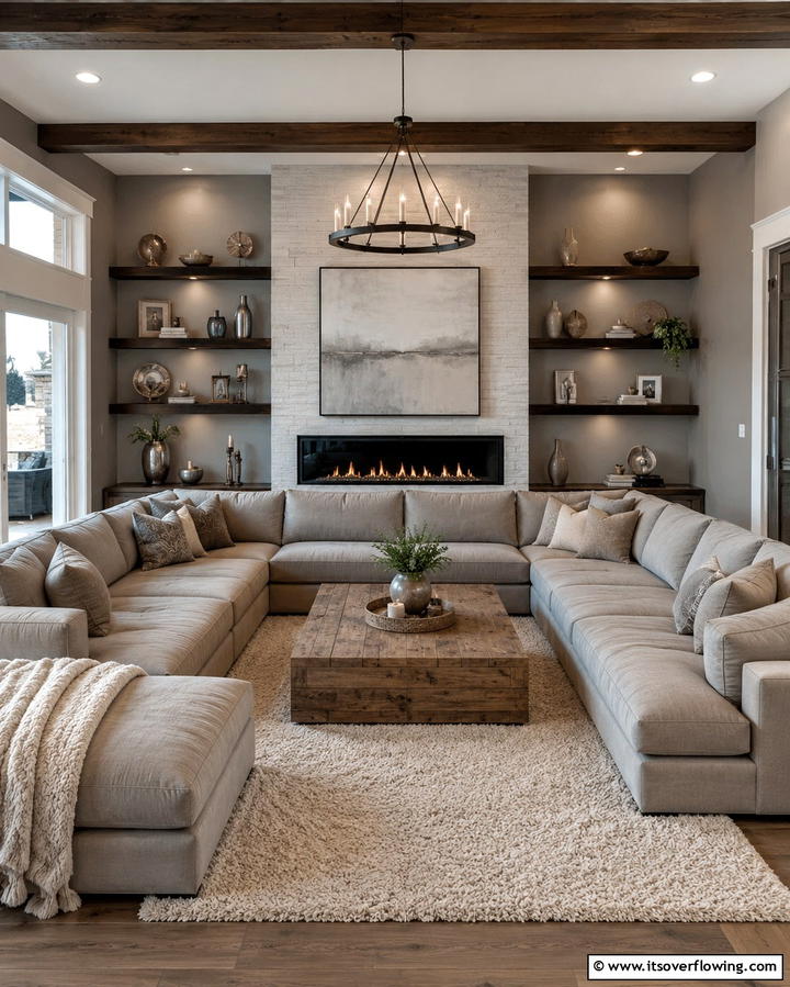 Sectional with Chaise Extension - 25 Living Room Ideas With Sectionals and Fireplace