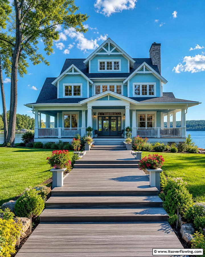 Serene Aqua Blue Harmony - 30 Lake House Exterior Color Ideas Inspired by Nature