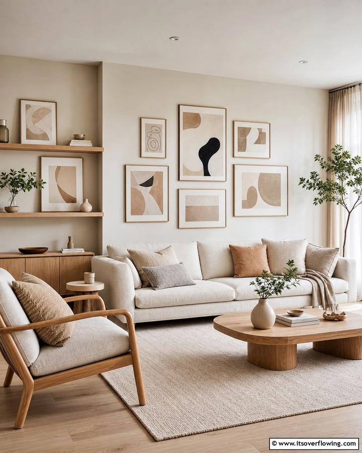Serene Beige Art Displays - 21 Elegant Beige Living Room Ideas for Timeless Comfort