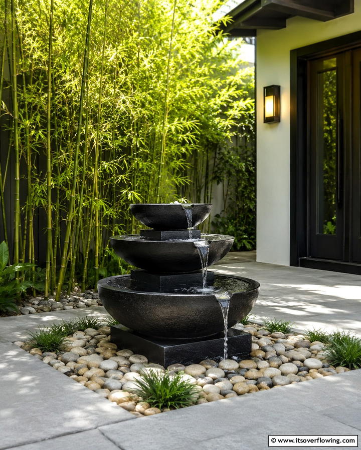 Serene Black Fountain Features - 30 Inviting Black Porch Ideas for a Modern Outdoor Oasis