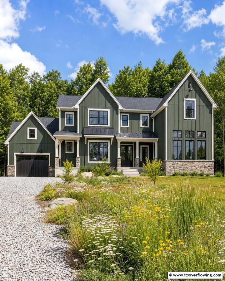 Serene Camouflage Contrast - 21 Dark Green Exterior Paint Color Schemes for Modern Homes