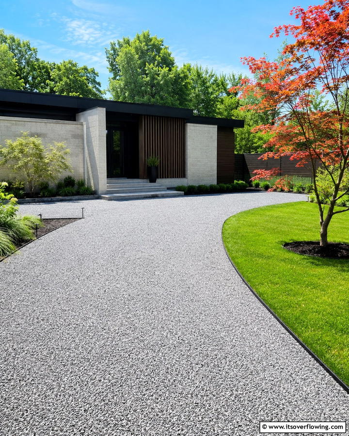 Serene Gravel Driveway with Edging - 30 Gravel Driveway Ideas- Durable & Stylish Options