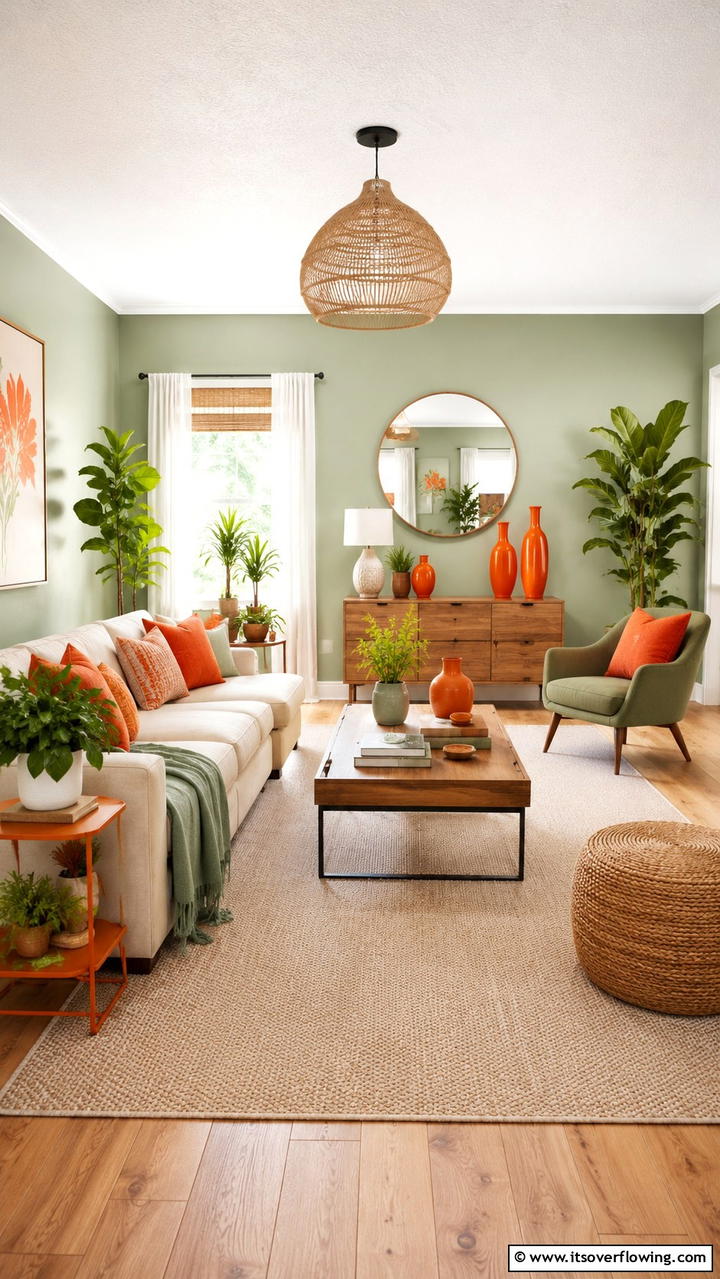 Serene Green Tones with Vibrant Orange Decor - 30 Green and Orange Living Room Ideas for Bold Style