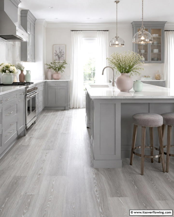 Serene Grey Kitchen with Soft Accents - 30 Kitchens with Grey Floors- Sleek & Modern Flooring Ideas