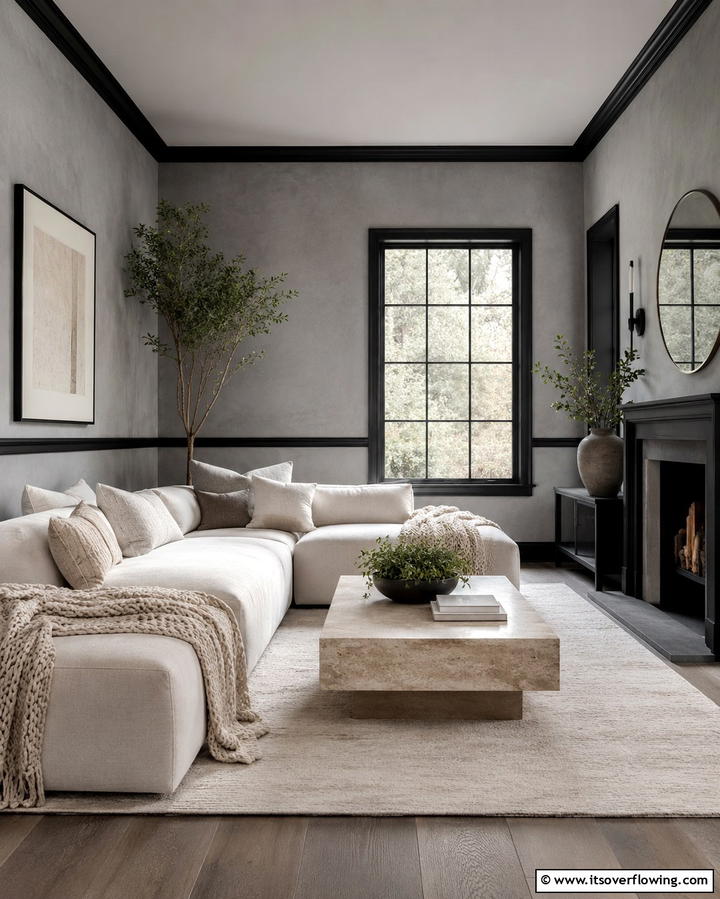 Serene Modern Retreat - 30 Living Room Grey Walls & Black Trim- Bold Contrast Ideas