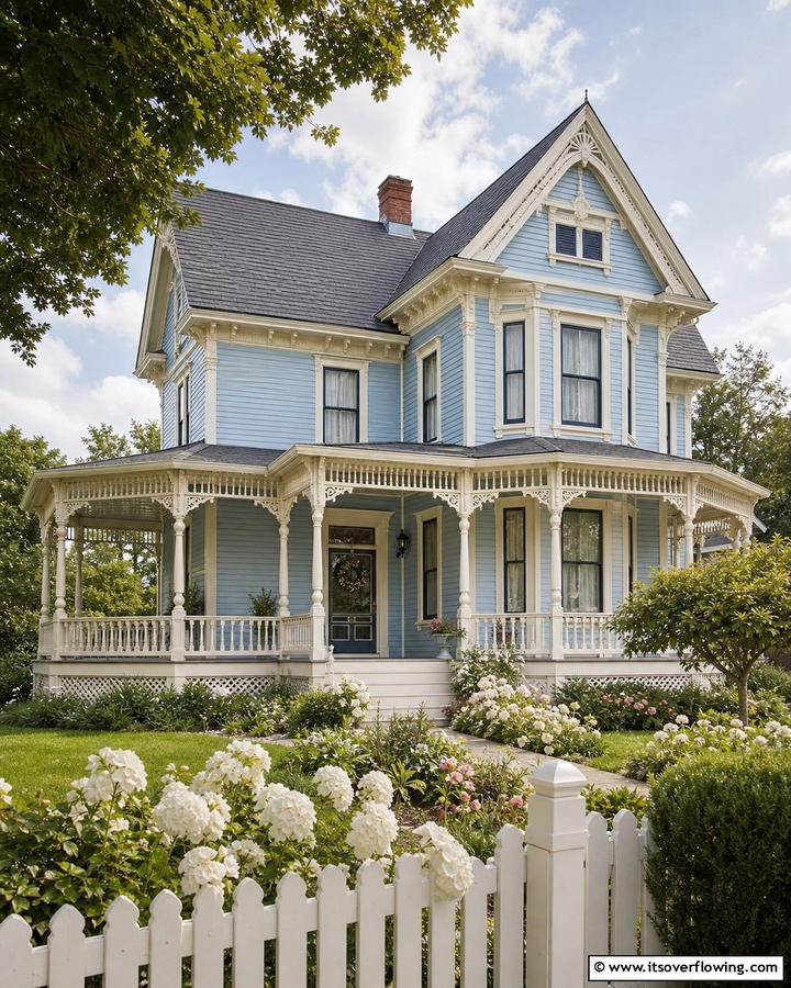 Serene Powder Blue Accents - 20 Stunning Blue Victorian House Colors for Your Home
