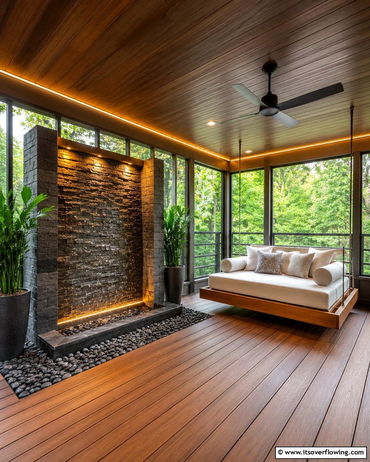 Serene Retreat Screened Deck with Water Feature - 30 Screened-in Deck Ideas for Bug-Free Outdoor Living