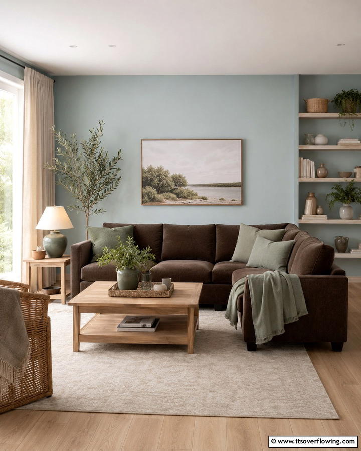 Serene Retreat with Calm Colors - 30 Warm Dark Brown Couch Styling Ideas for Cozy Living Rooms