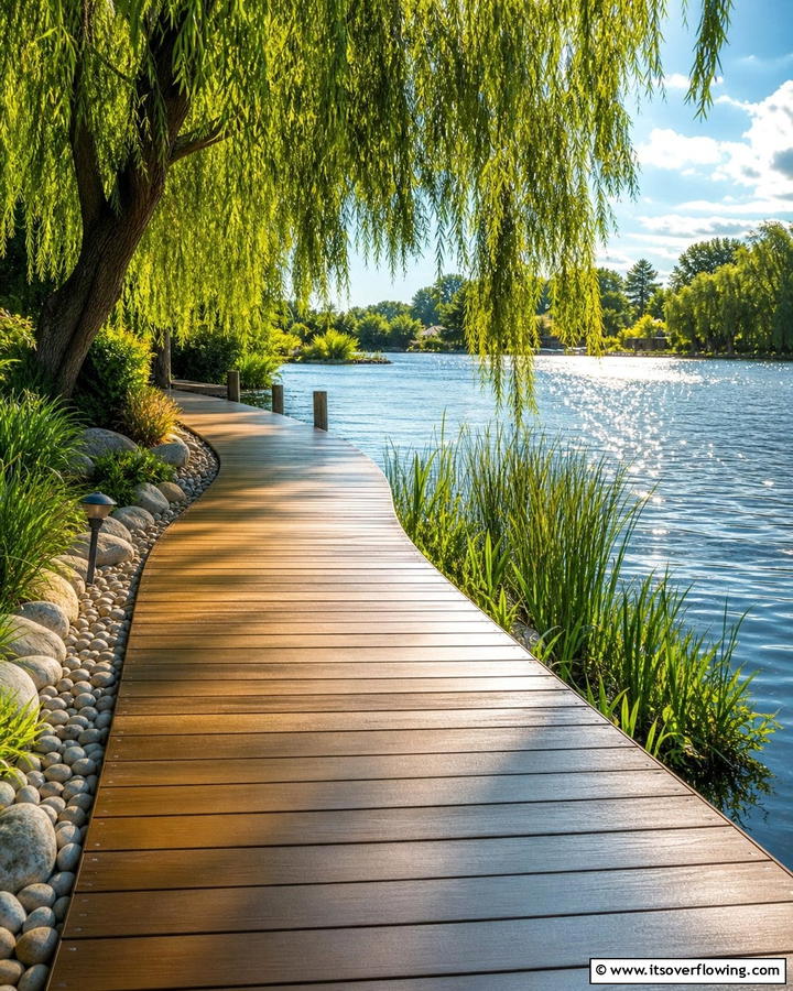 Serene Riverbank Walkway - 30 Wooden Walkway Ideas for Gardens and Outdoor Paths