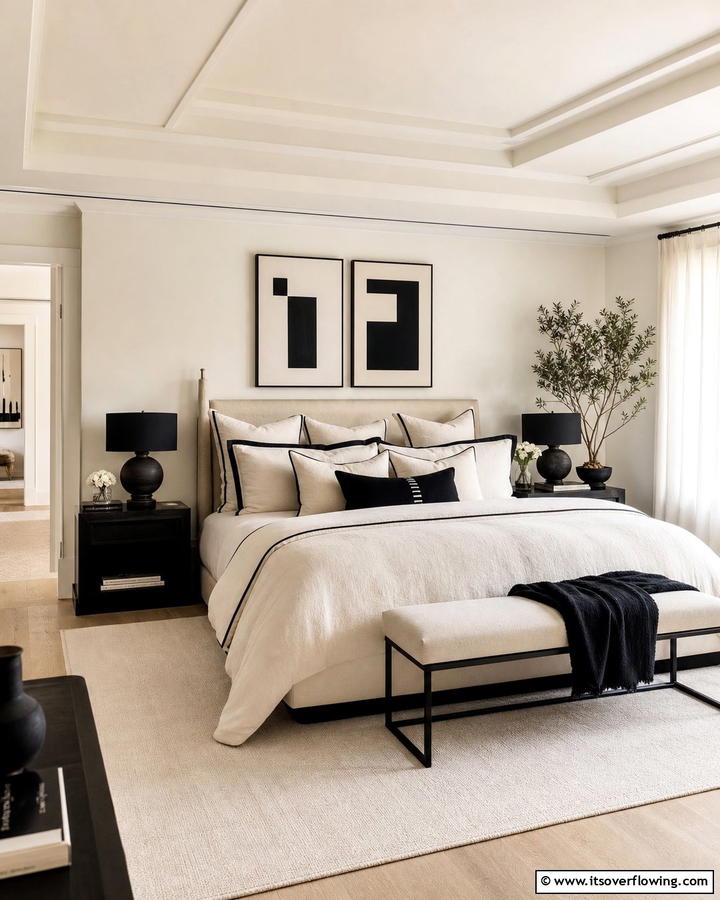 Serene Sanctuary with Subtle Drama - 21 Cream & Black Bedroom Ideas- Sophisticated Contrast