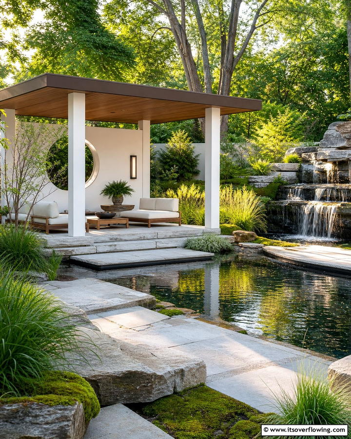 Serene Water Feature - 21 Gazebo Patio Ideas for Shaded Outdoor Entertaining Spaces
