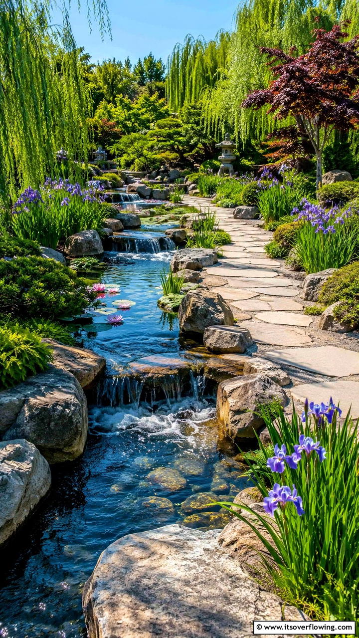 Serene Water Feature Path - 30 Stunning Garden Path Ideas to Guide Your Landscape