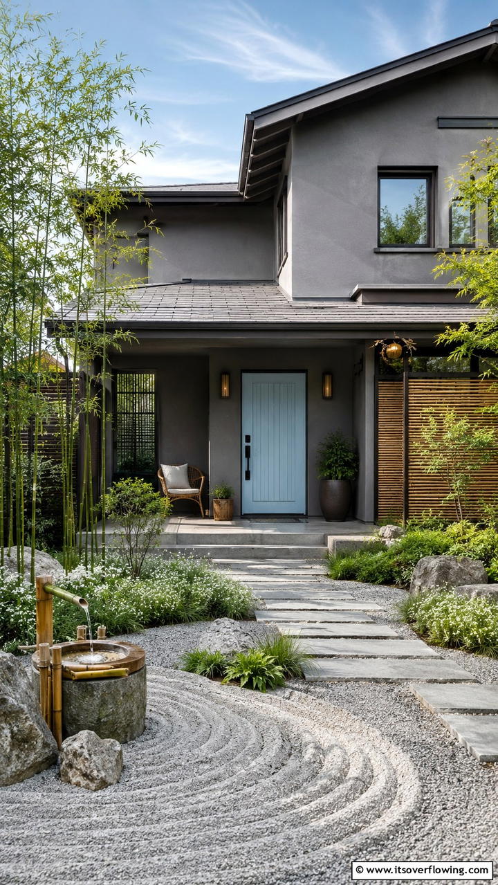 Serene and Calming Space - 30 Grey House With Blue Door Ideas- Charming Curb Appeal
