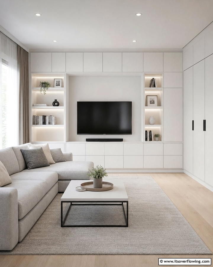 Serene and Organized Storage - 21 Neutral Living Room Ideas for Calm & Versatile Decor