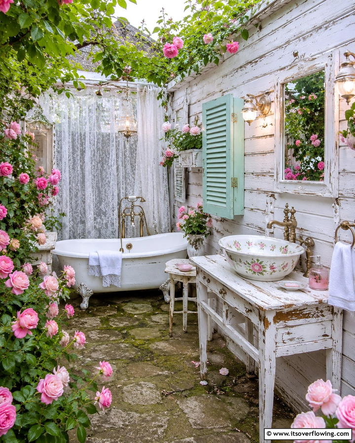 Shabby Chic Hideaway - 30 Outdoor Bathroom Ideas for a Luxurious Backyard Oasis