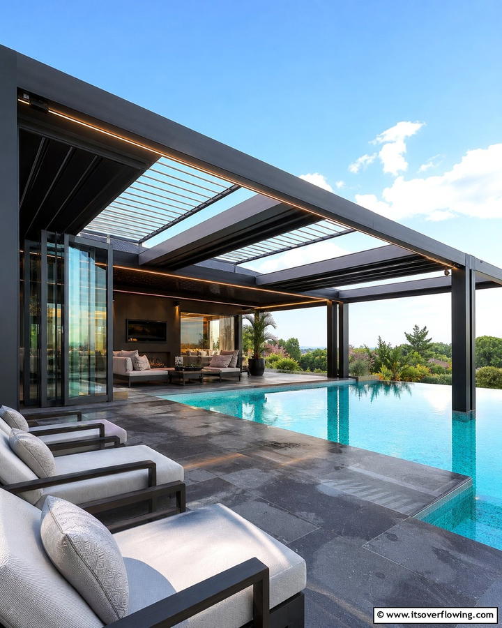 Shade Structures with Retractable Roofs - 17 Pool Shade Ideas for Stylish Outdoor Swimming Areas