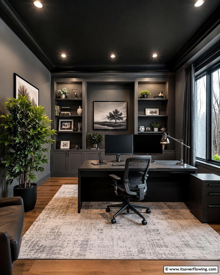 Shadowy Home Office Retreat - 25 Black Ceiling With Grey Walls for a Dramatic Look