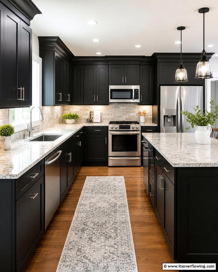 Shaker Style Black Cabinets With Crisp White Granite Countertops - 20 Black Kitchen Cabinets With White Countertops Ideas