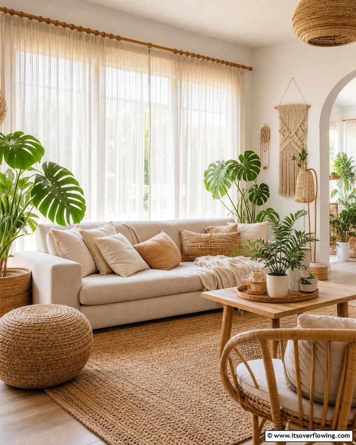 Sheer Curtains for Airy Elegance - 20 Neutral Boho Living Room Ideas for a Relaxing Vibe