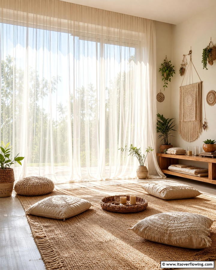 Sheer Curtains for Soft Light - 20 Boho Meditation Room Ideas- Tranquil Retreats