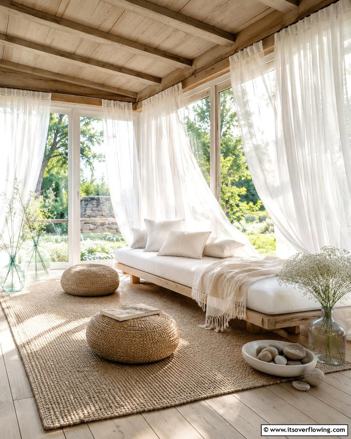 Sheer Curtains for a Soft Touch - 25 Rustic Sunroom Ideas to Enjoy Nature Indoors