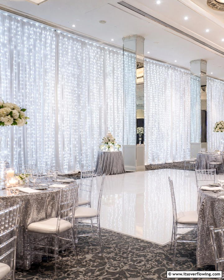 Sheer Curtains with String Lights - 30 Beautiful Wedding Backdrop Design Inspirations