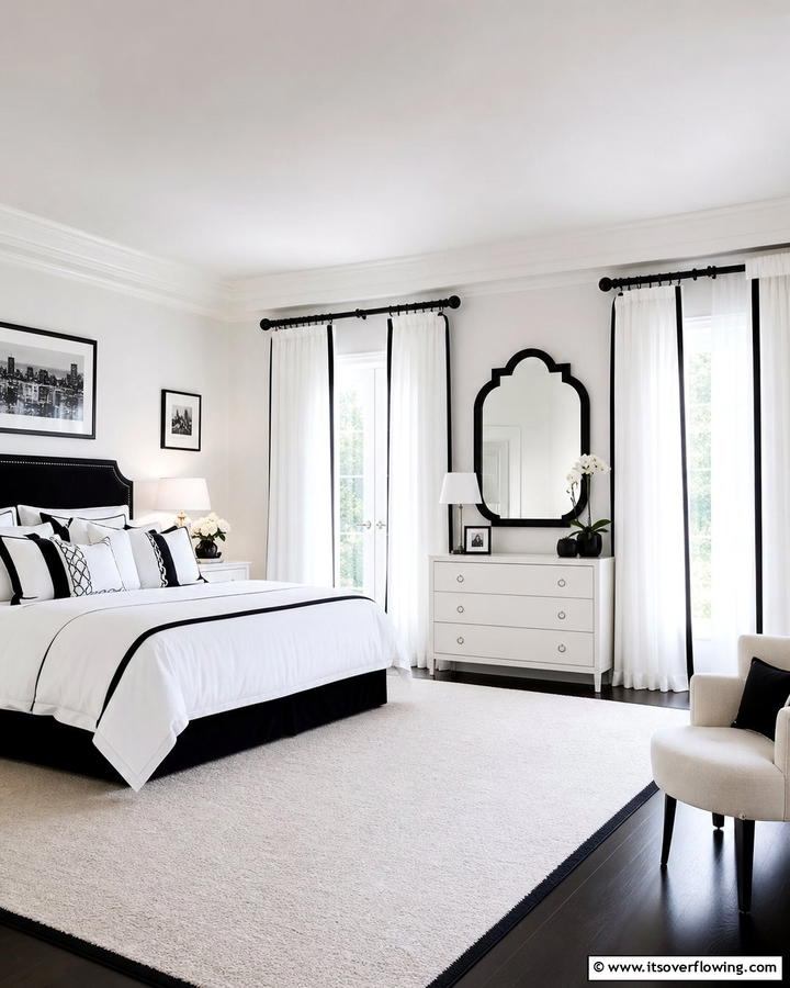 Sheer White Curtains with Black Trim - 20 Feminine Black and White Bedroom Ideas for Elegance