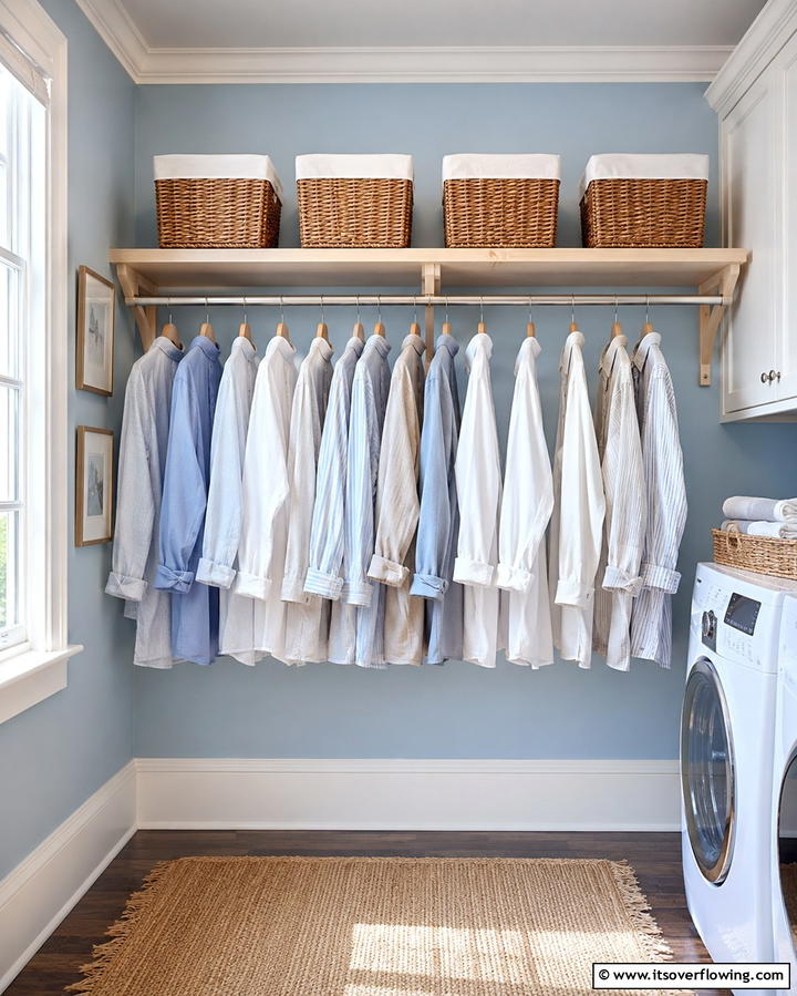 Shelf and Rod Combination for Dual Functionality - 25 Creative Laundry Room Shelving Ideas for Organization
