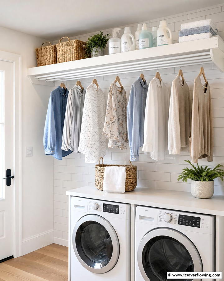 Shelf with Built In Drying Rods - 20 Laundry Room Drying Rack Ideas for Efficient Drying