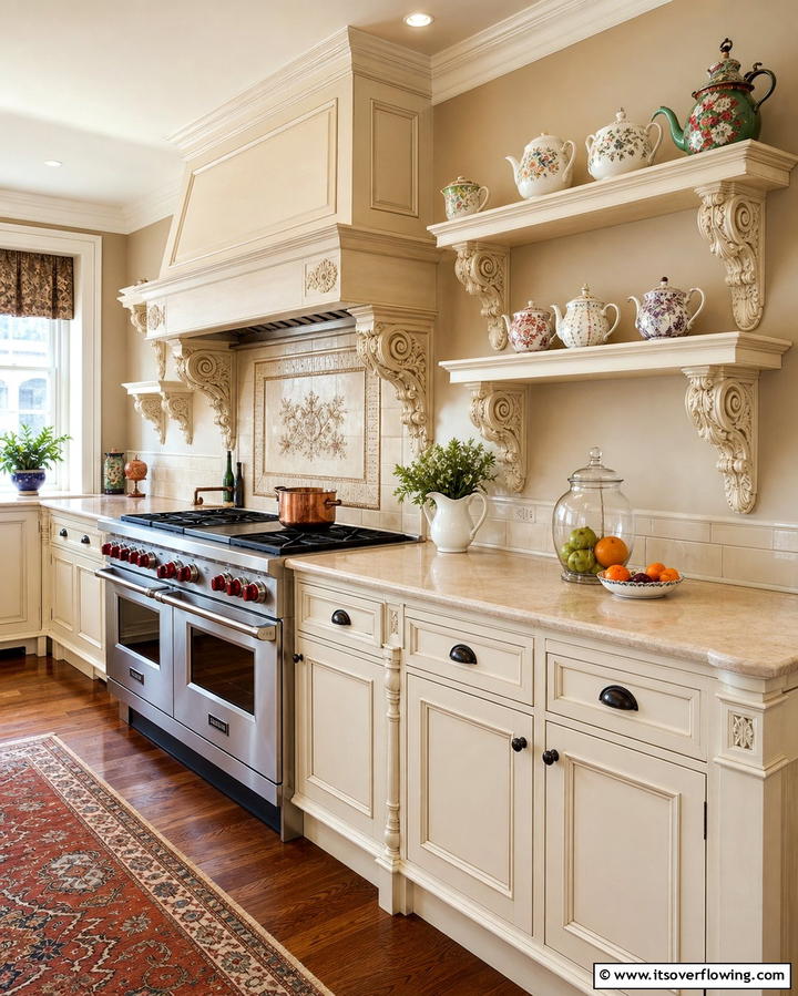 Shelves with Decorative Corbels - 25 Open Shelving Kitchen Ideas for a Modern Look