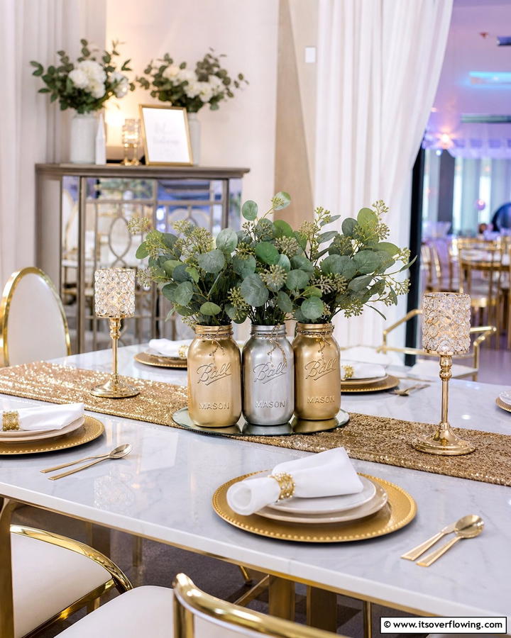 Shimmering Metallic Accents - 30 Charming Mason Jar Centerpiece Ideas for Every Season