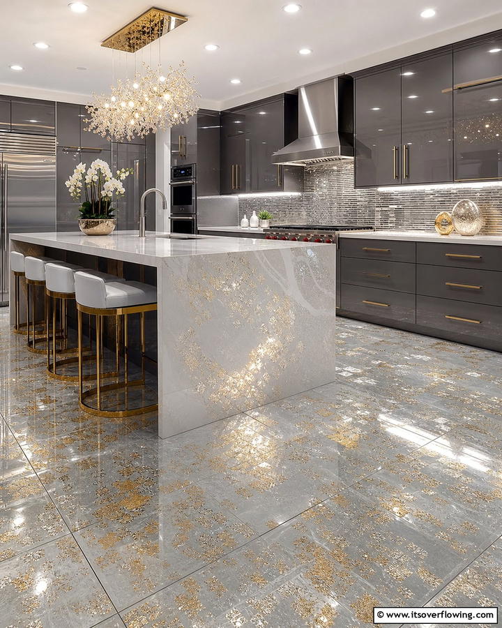 Shimmering Metallic Accents - 21 Kitchen Floor Tile Ideas- Durable & Stylish Options