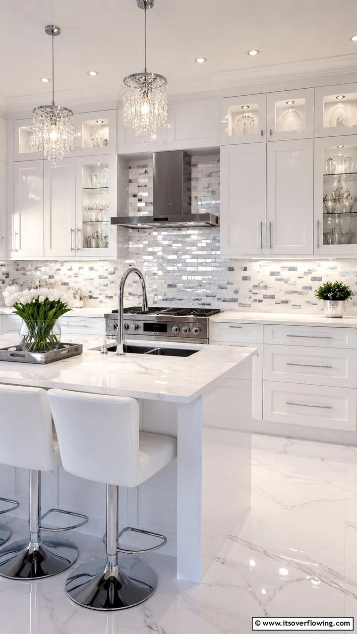 Shimmering Metallic Highlights - 21 Modern White Kitchen Backsplash Ideas for Style