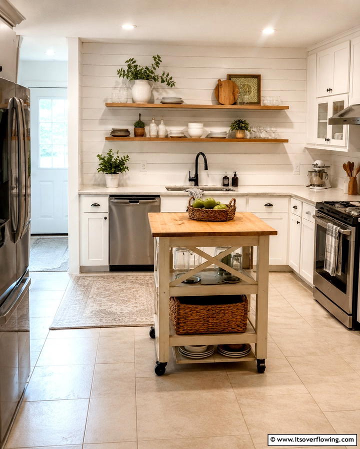 Shiplap Backsplash with a Freestanding Island - 20 Kitchen Shiplap Ideas with Kitchen Island Designs