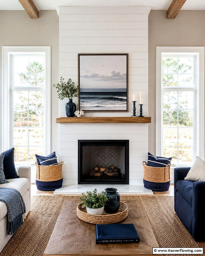 Shiplap Fireplace Between Tall Casement Windows - 25 Fireplace Between Windows Ideas for Cozy Homes