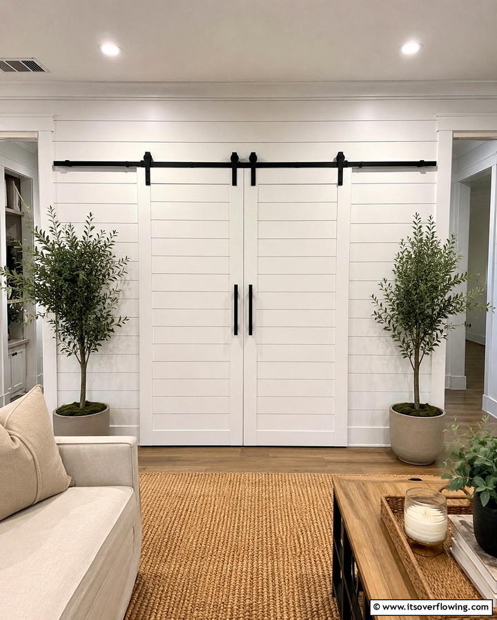 Shiplap Paneled Doors - 25 Shiplap Living Room Ideas for a Rustic Charm