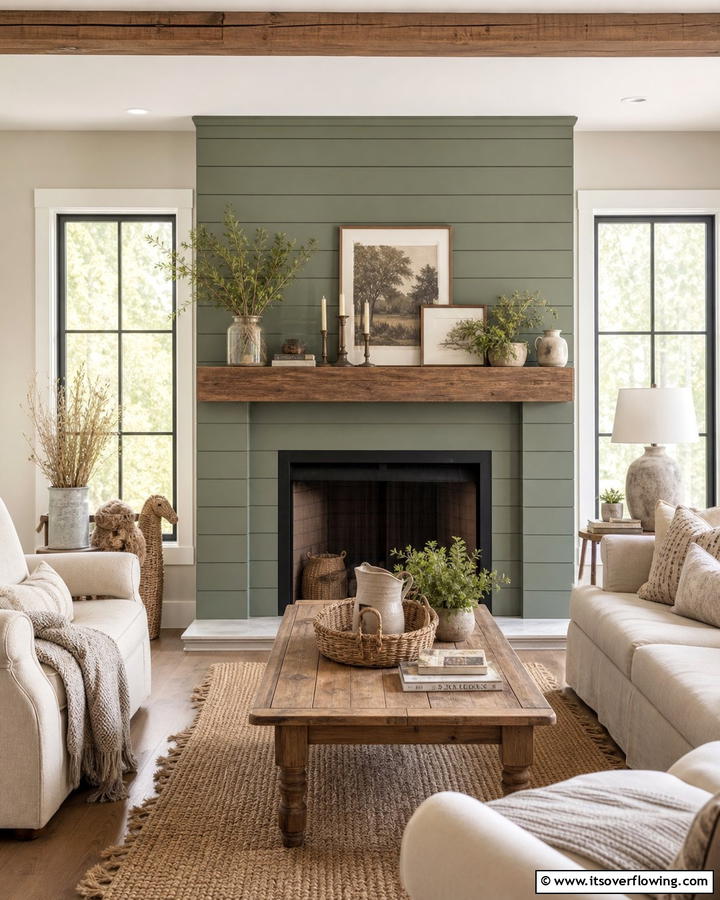 Shiplap Sage Green Fireplace Wall - 20 Sage Green Fireplace Ideas for a Calm Ambiance