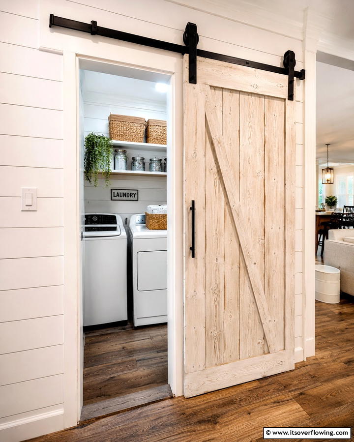 Shiplap Sliding Barn Door - 20 Shiplap Laundry Room Ideas for a Rustic and Charming Space