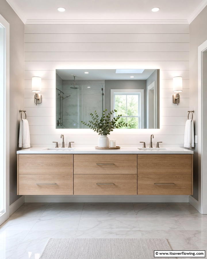 Shiplap Vanity Backdrop - 21 Shiplap Bathroom Ideas for a Rustic or Modern Vibe