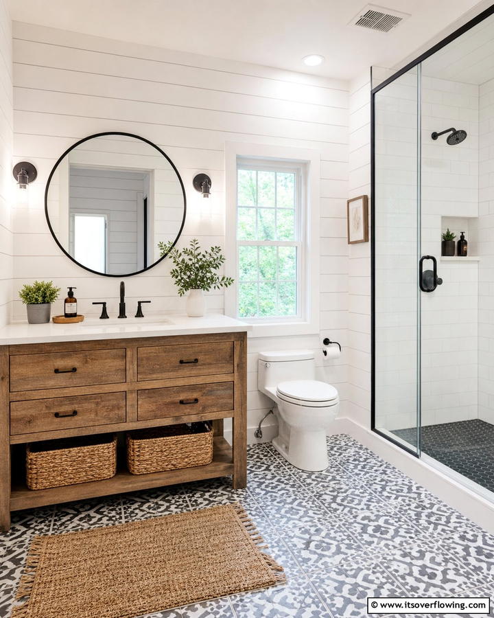 Shiplap Walls - 21 Modern Farmhouse Bathroom Ideas Blending Rustic Charm