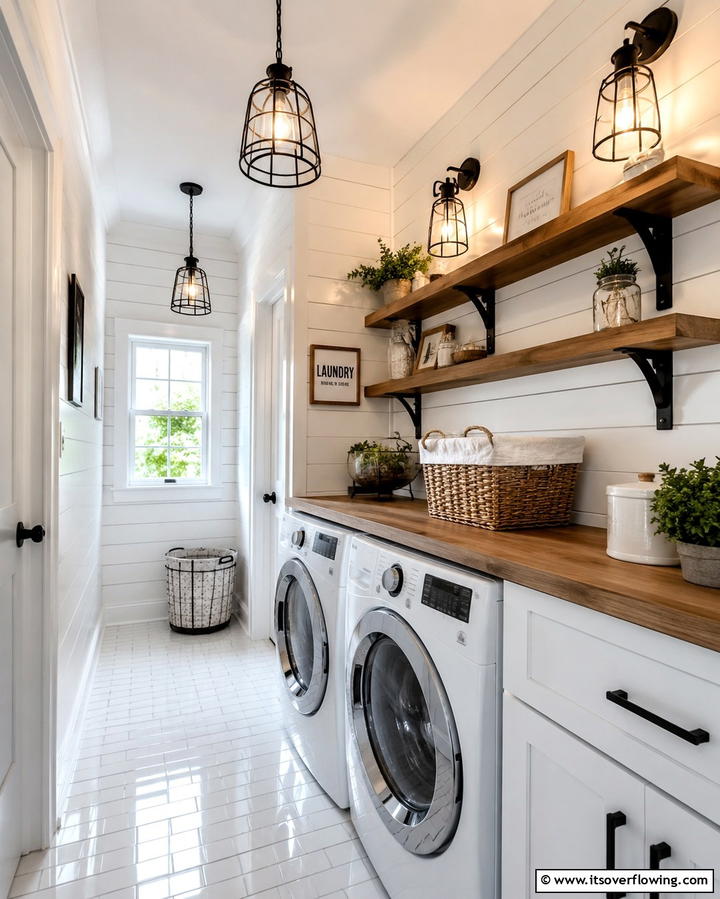 Shiplap with Decorative Lighting - 20 Shiplap Laundry Room Ideas for a Rustic and Charming Space